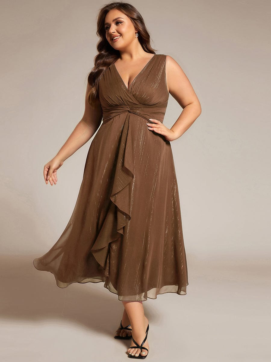 Custom Size Glitter Sleeveless A-Line Midi Wedding Guest Dress with Ruffled Hem #color_Brown