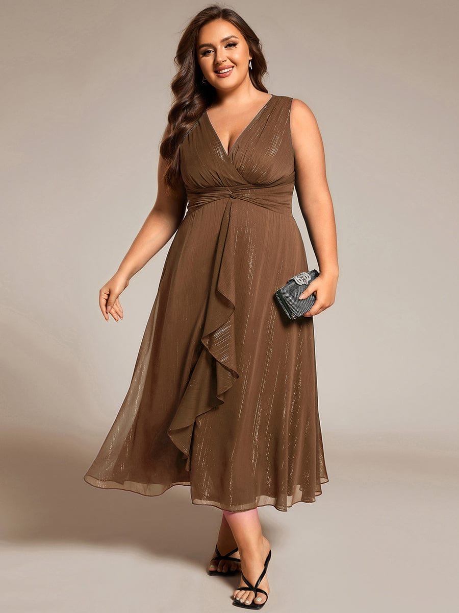 Custom Size Glitter Sleeveless A-Line Midi Wedding Guest Dress with Ruffled Hem #color_Brown