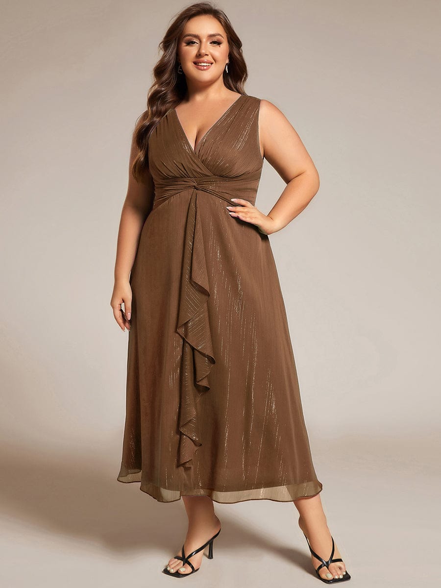 Custom Size Glitter Sleeveless A-Line Midi Wedding Guest Dress with Ruffled Hem #color_Brown