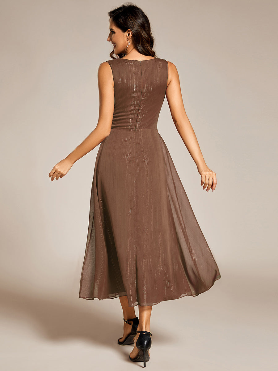 Custom Size Glitter Sleeveless A-Line Midi Wedding Guest Dress with Ruffled Hem #color_Brown