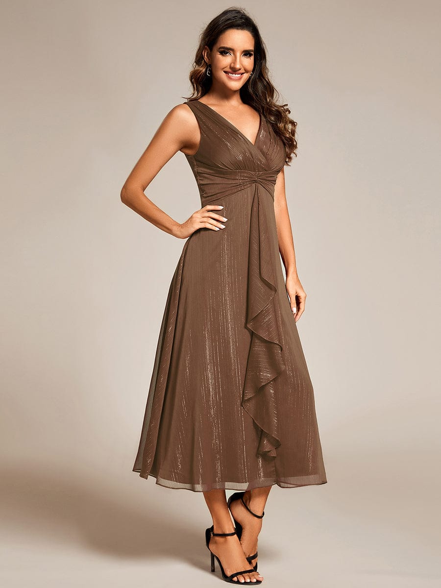 Custom Size Glitter Sleeveless A-Line Midi Wedding Guest Dress with Ruffled Hem #color_Brown