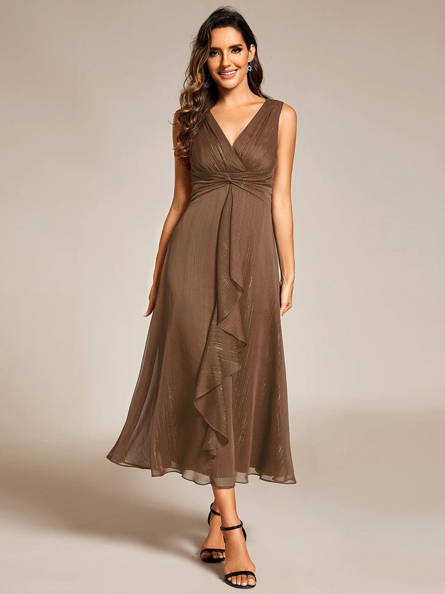 Custom Size Glitter Sleeveless A-Line Midi Wedding Guest Dress with Ruffled Hem #color_Brown