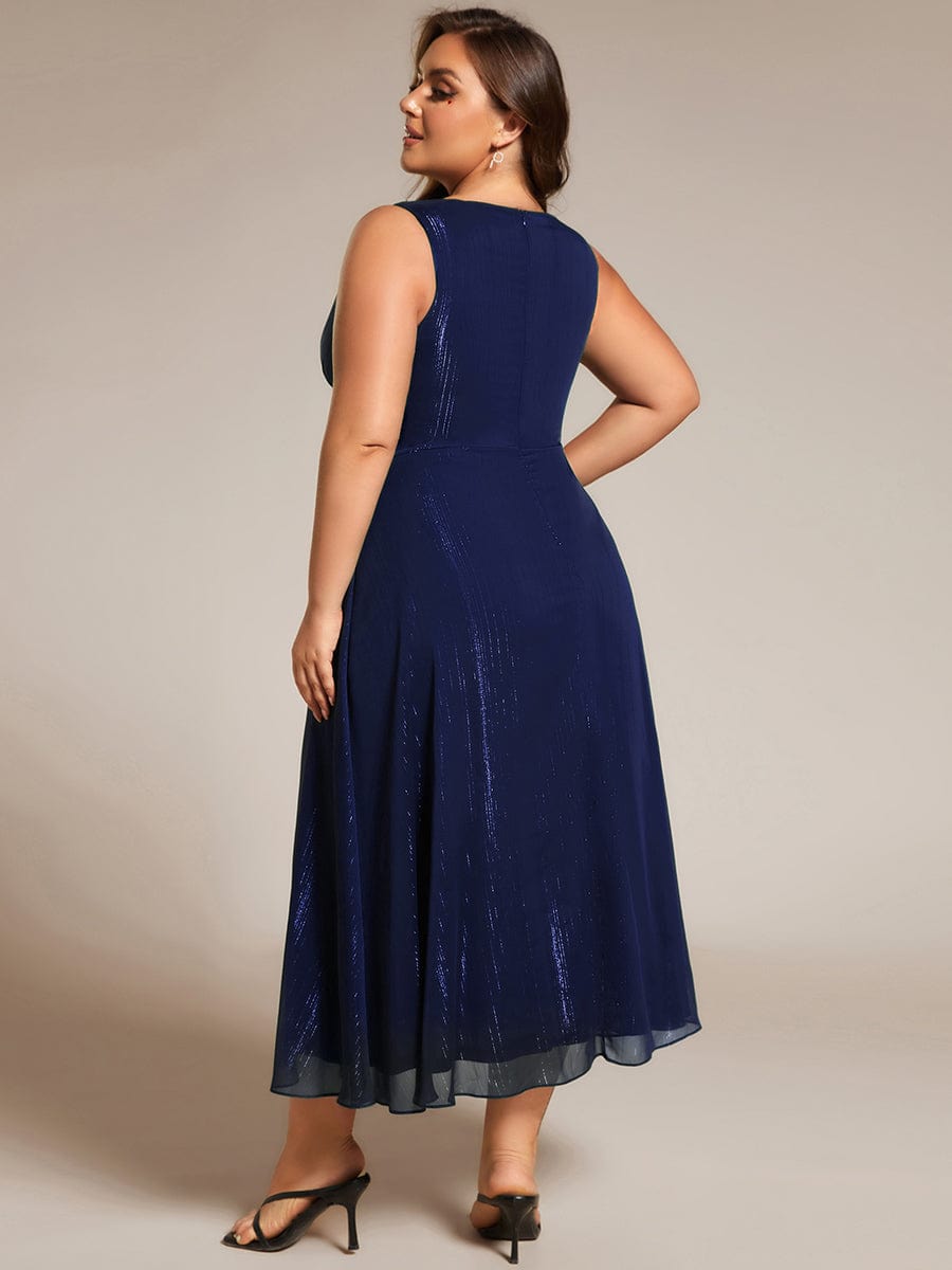 Plus Size Sleeveless Glittery Ruffled V-Neck Midi Wedding Guest Dress #color_Navy Blue