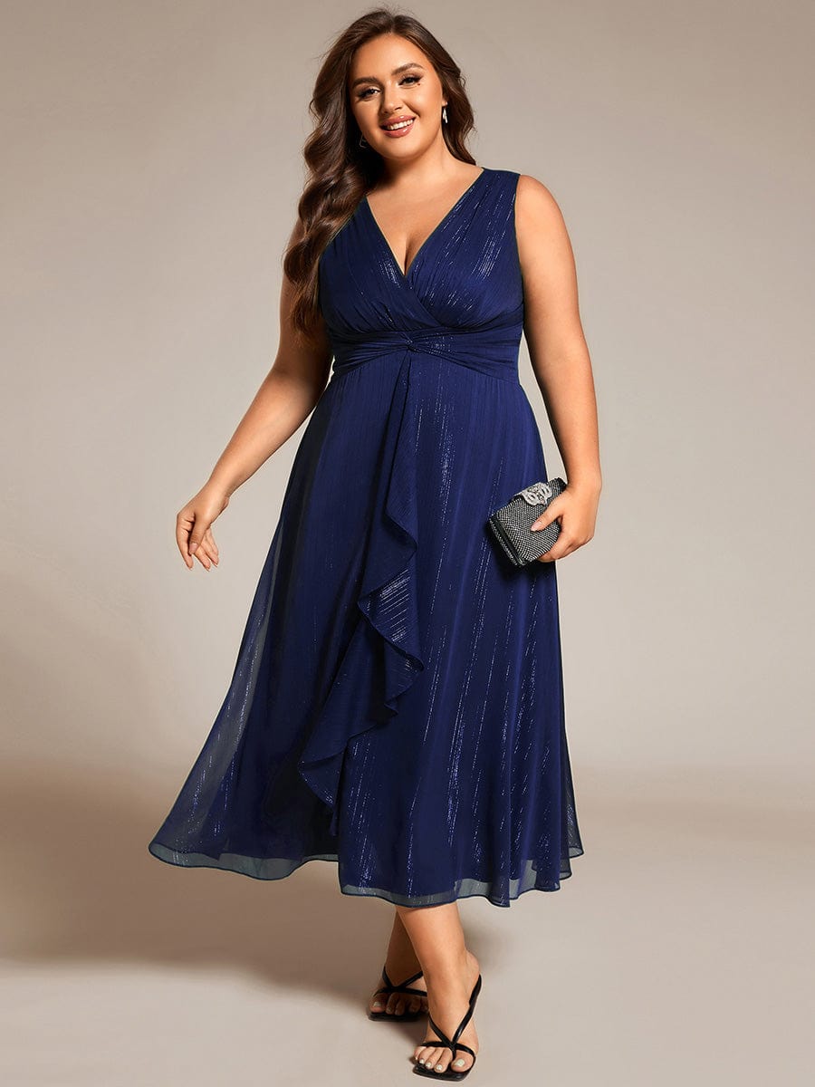 Plus Size Sleeveless Glittery Ruffled V-Neck Midi Wedding Guest Dress #color_Navy Blue