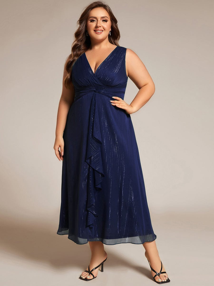Plus Size Sleeveless Glittery Ruffled V-Neck Midi Wedding Guest Dress #color_Navy Blue