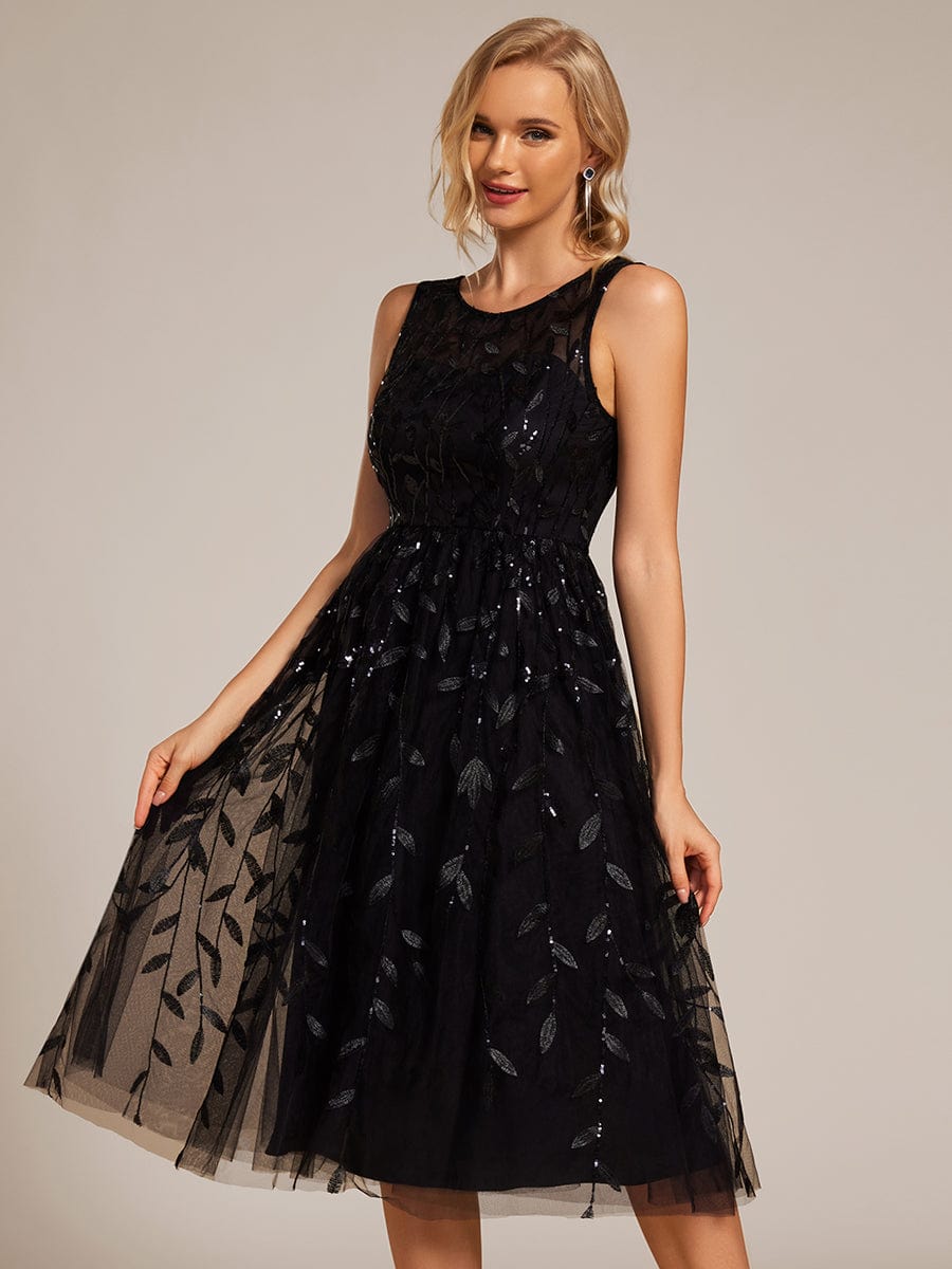 Round Neck Sleeveless Sequin Midi Wedding Guest Dress #color_Black