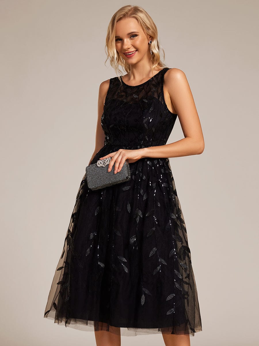 Round Neck Sleeveless Sequin Midi Wedding Guest Dress #color_Black