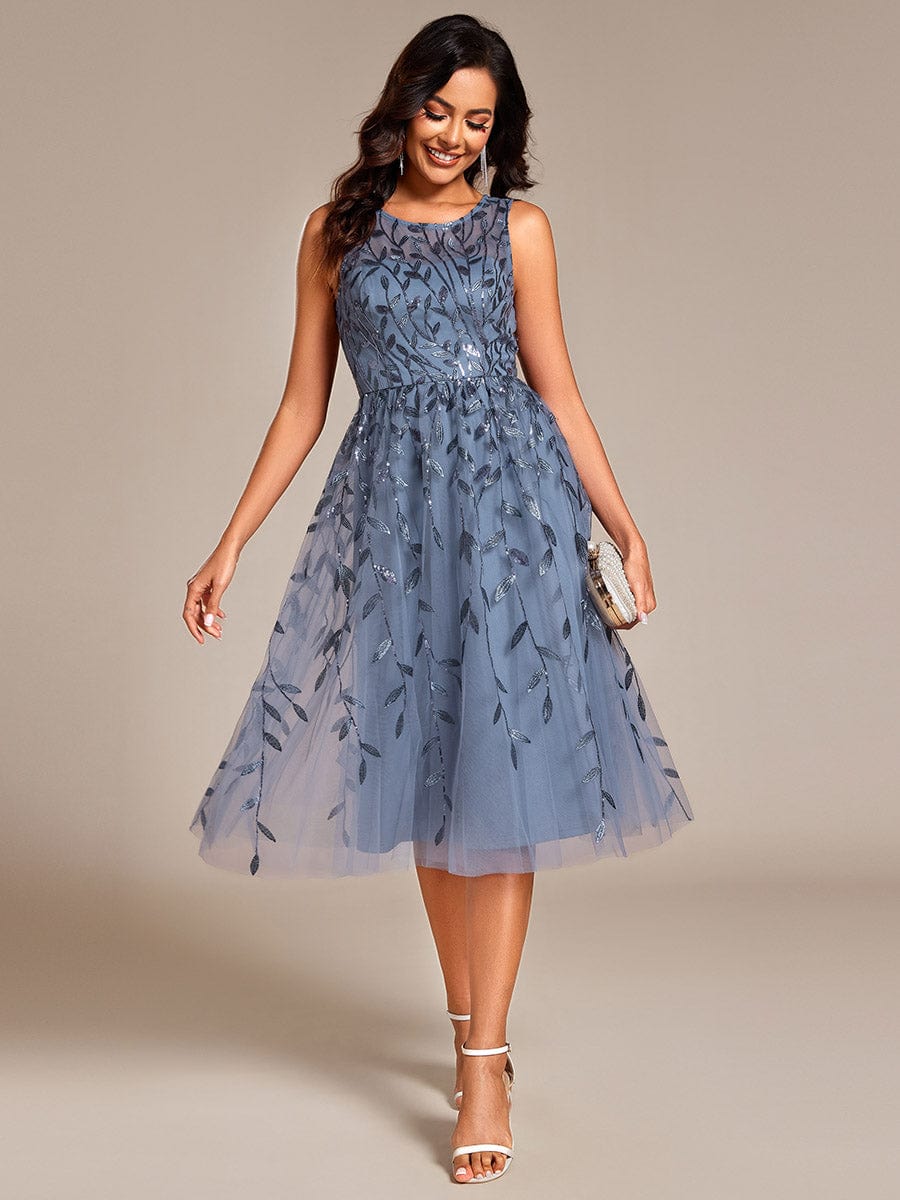 Round Neck Sleeveless Sequin Midi Wedding Guest Dress #color_Dusty Navy