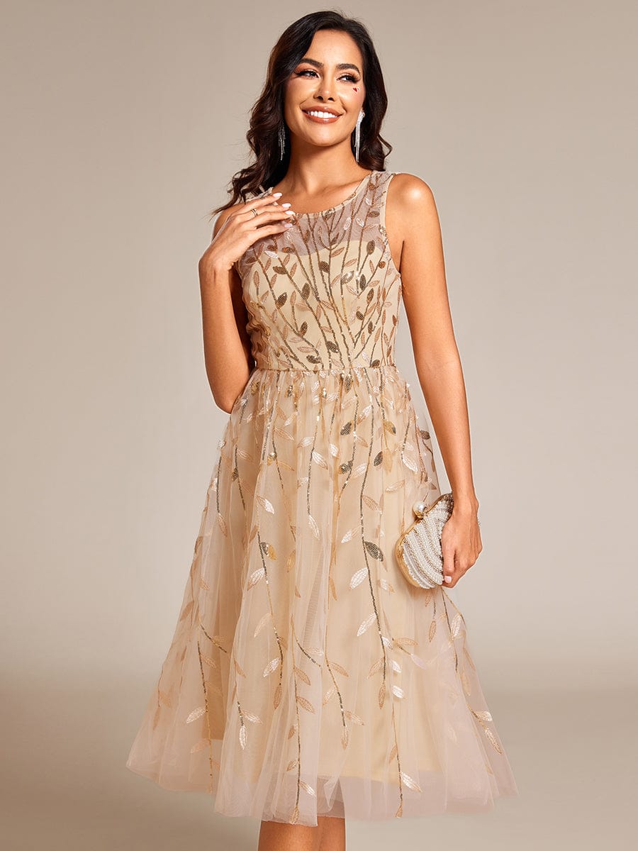 Round Neck Sleeveless Sequin Midi Wedding Guest Dress #color_Gold