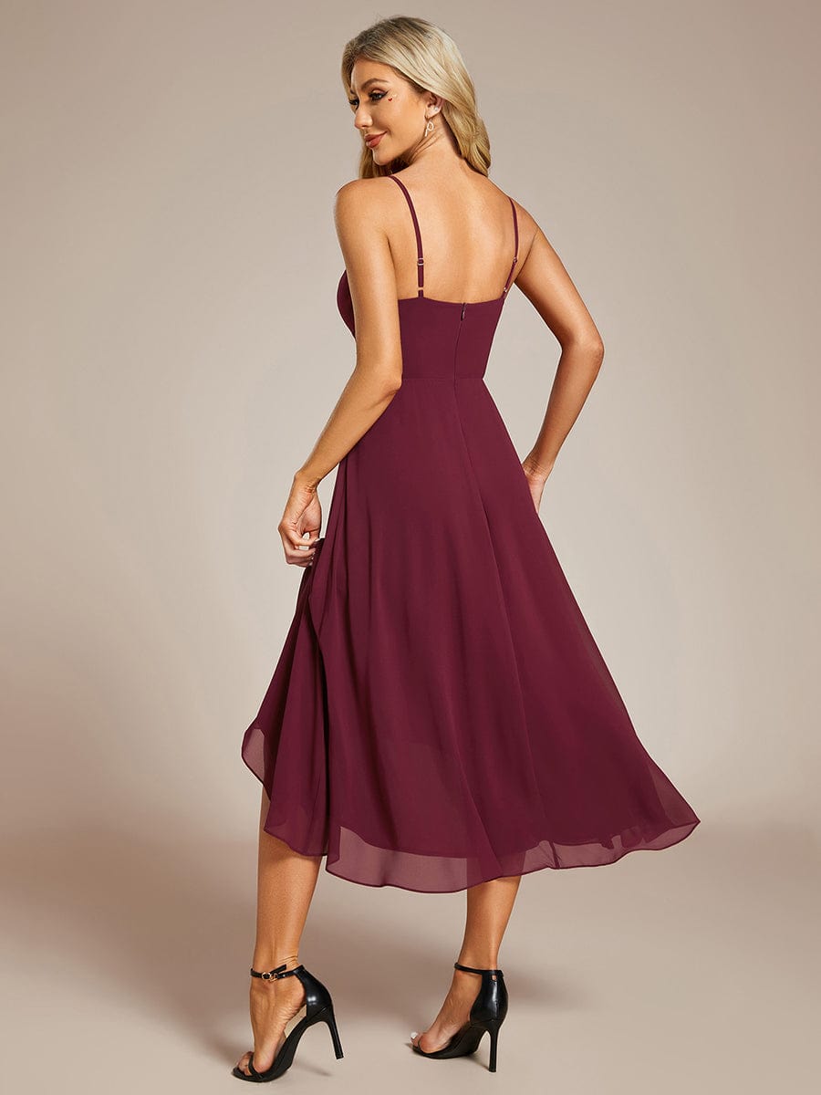 High-Low V-Neck Pleated Spaghetti Strap Wedding Guest Dress in Chiffon #color_Burgundy