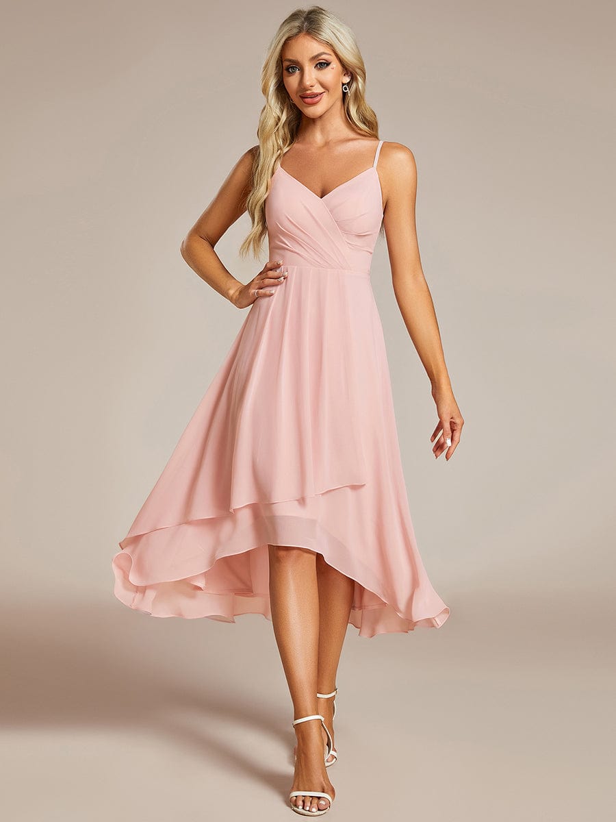 High-Low V-Neck Pleated Spaghetti Strap Wedding Guest Dress in Chiffon #color_Pink