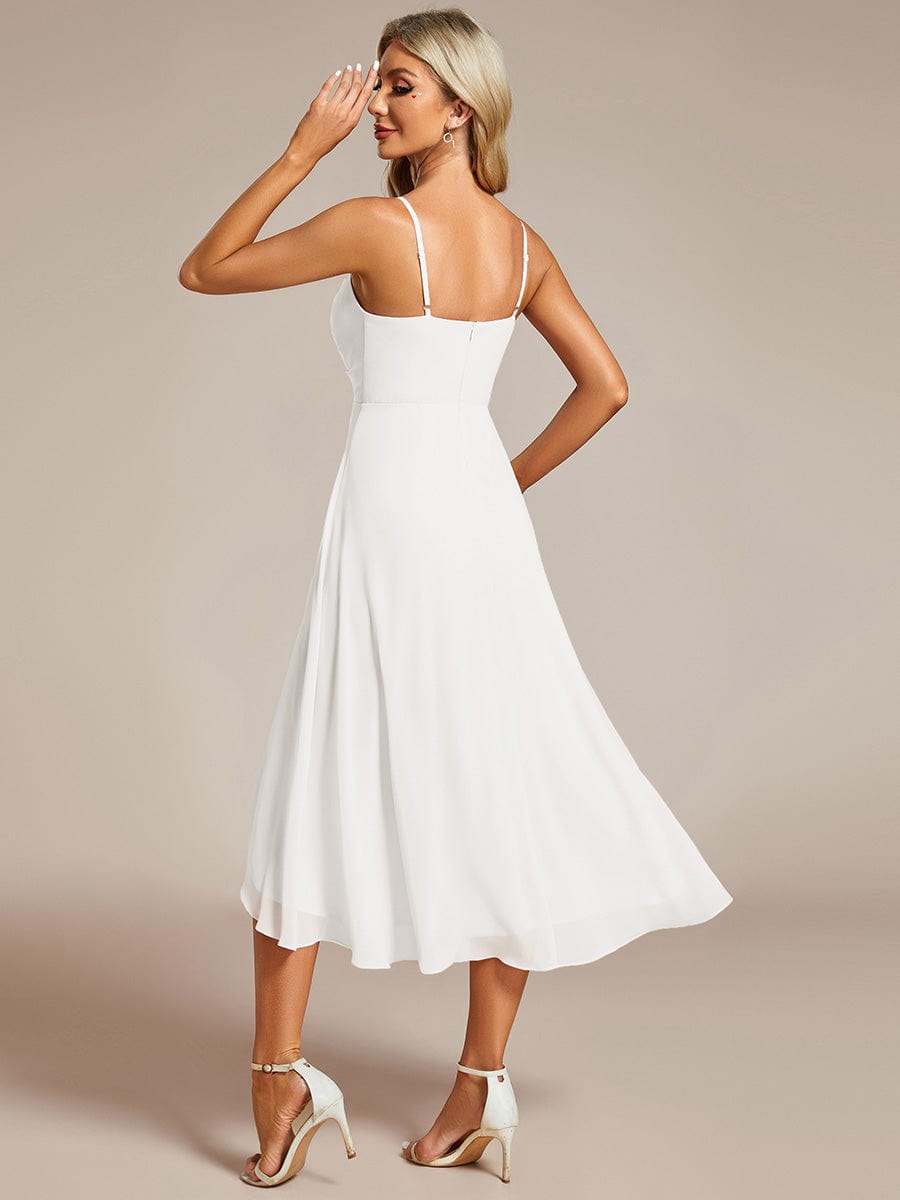 High-Low V-Neck Pleated Spaghetti Strap Wedding Guest Dress in Chiffon #color_White