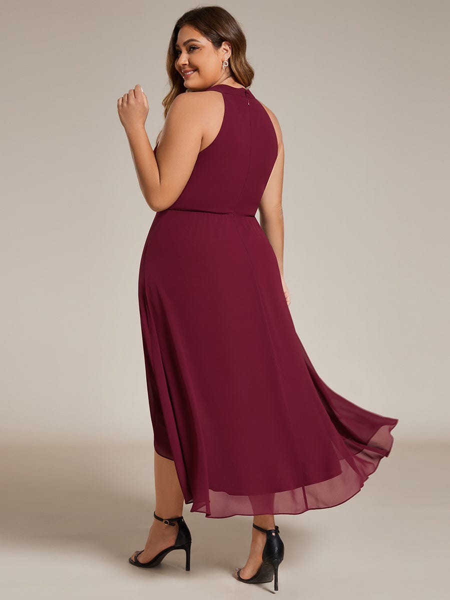 Midi Halter Neck Chiffon Wedding Guest Dress with Sleeveless and A-Line #color_Burgundy