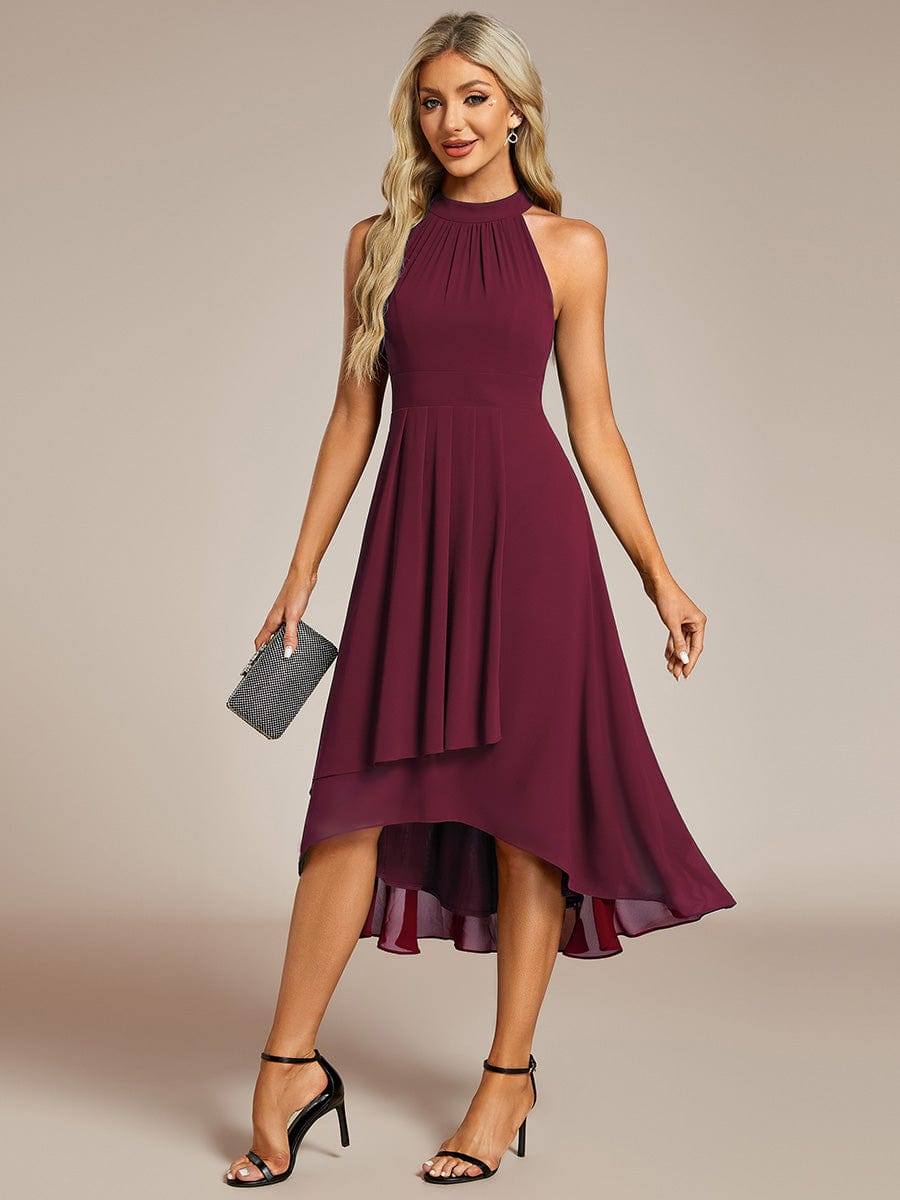 Midi Halter Neck Chiffon Wedding Guest Dress with Sleeveless and A-Line #color_Burgundy