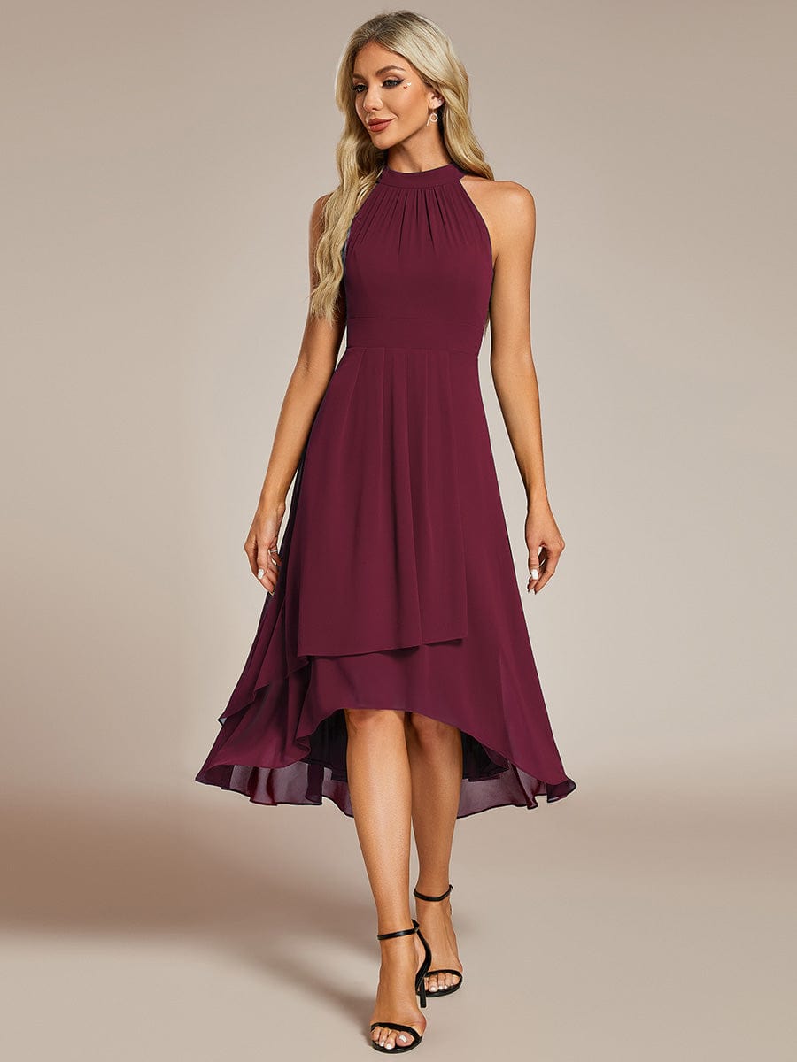 Midi Halter Neck Chiffon Wedding Guest Dress with Sleeveless and A-Line #color_Burgundy