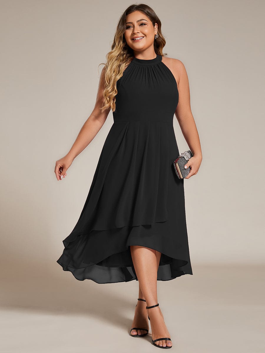 Midi Halter Neck Chiffon Wedding Guest Dress with Sleeveless and A-Line #color_Black