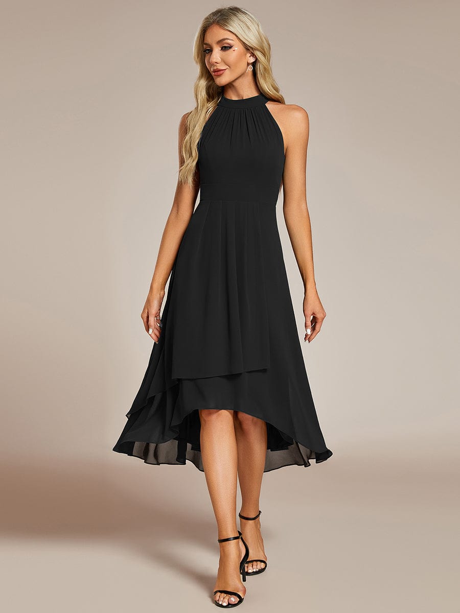 Midi Halter Neck Chiffon Wedding Guest Dress with Sleeveless and A-Line #color_Black