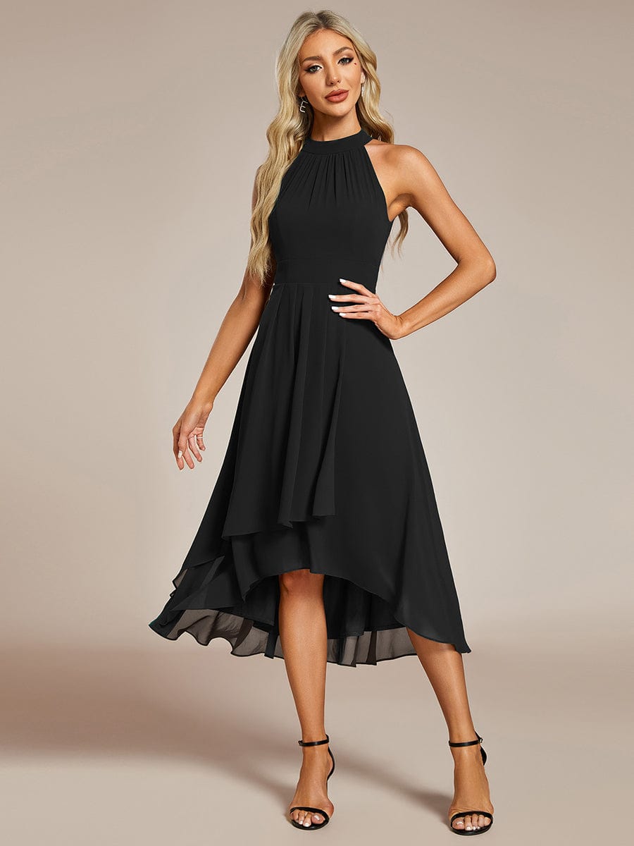 Midi Halter Neck Chiffon Wedding Guest Dress with Sleeveless and A-Line #color_Black