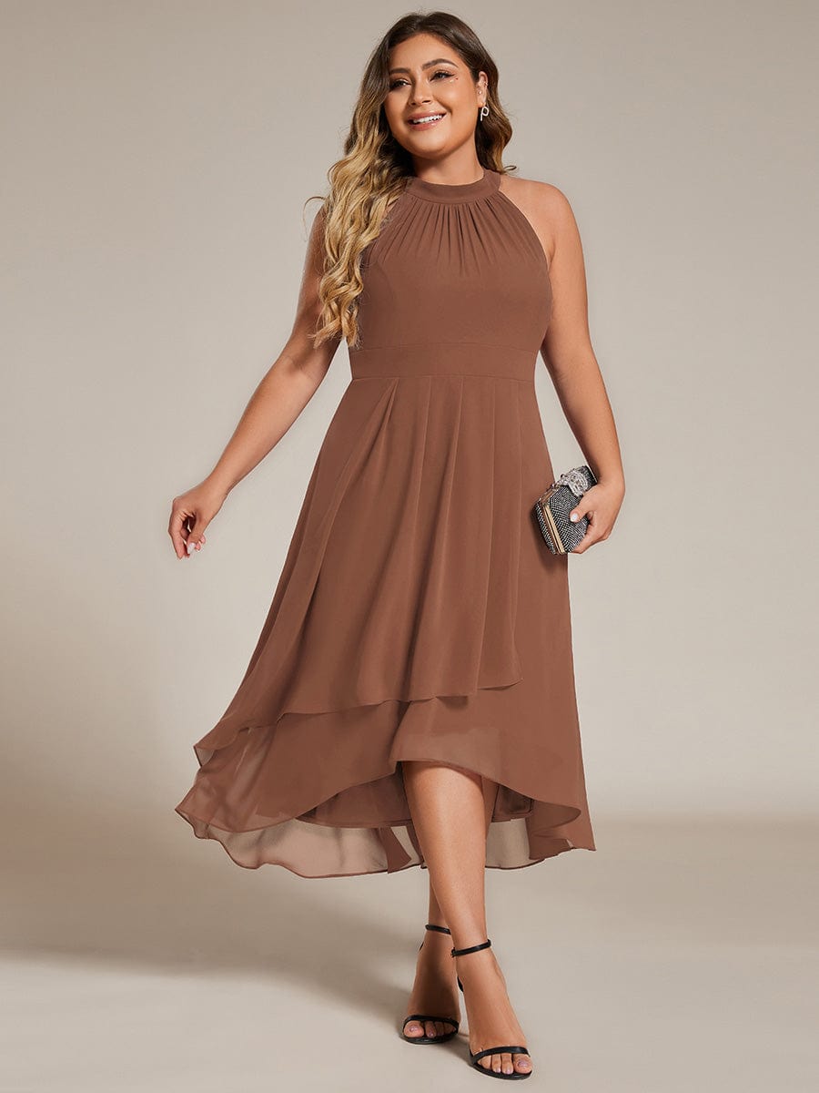 Custom Size Midi Halter Neck Chiffon Wedding Guest Dress with Sleeveless and A-Line #color_Brown