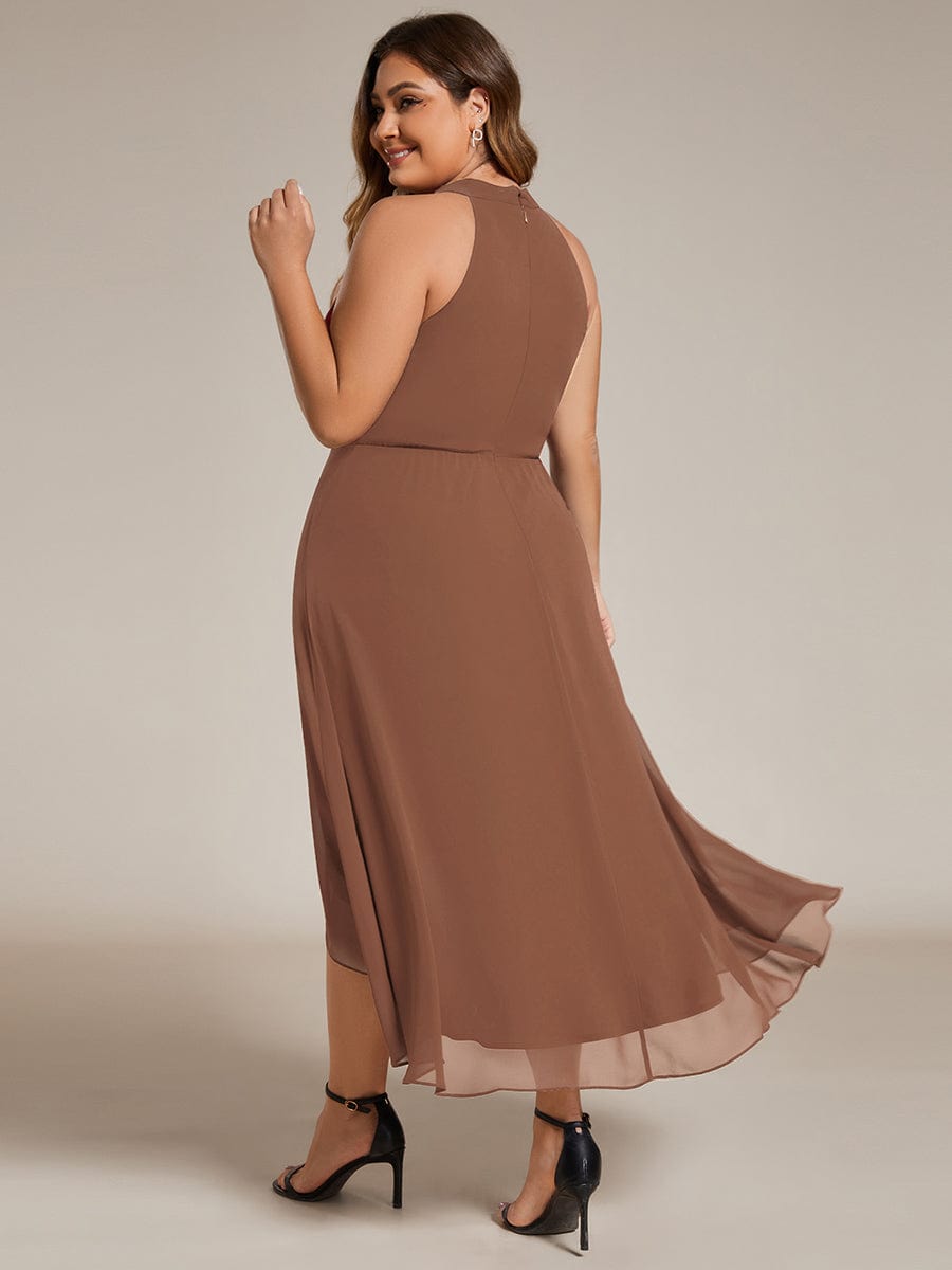 Custom Size Midi Halter Neck Chiffon Wedding Guest Dress with Sleeveless and A-Line #color_Brown