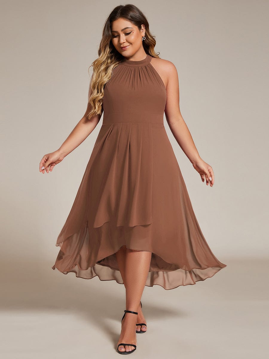 Custom Size Midi Halter Neck Chiffon Wedding Guest Dress with Sleeveless and A-Line #color_Brown