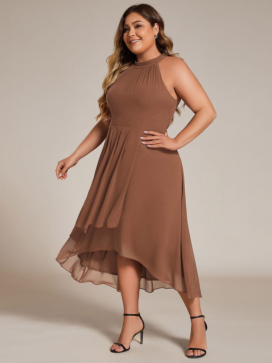 Custom Size Midi Halter Neck Chiffon Wedding Guest Dress with Sleeveless and A-Line #color_Brown