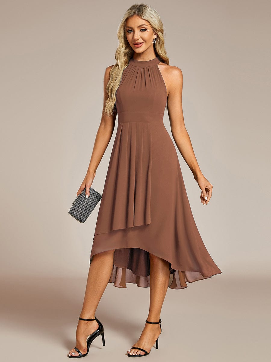 Custom Size Midi Halter Neck Chiffon Wedding Guest Dress with Sleeveless and A-Line #color_Brown