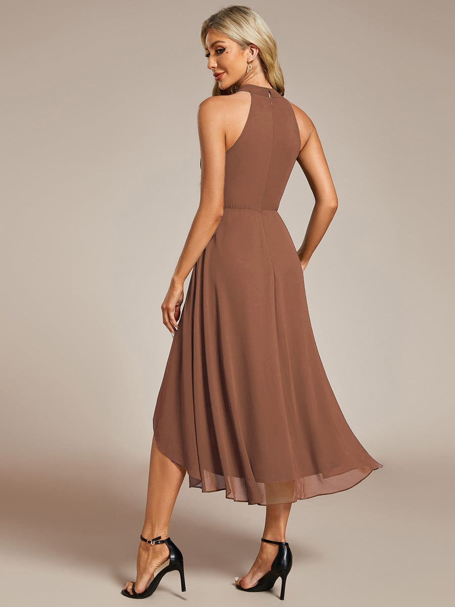 Custom Size Midi Halter Neck Chiffon Wedding Guest Dress with Sleeveless and A-Line #color_Brown