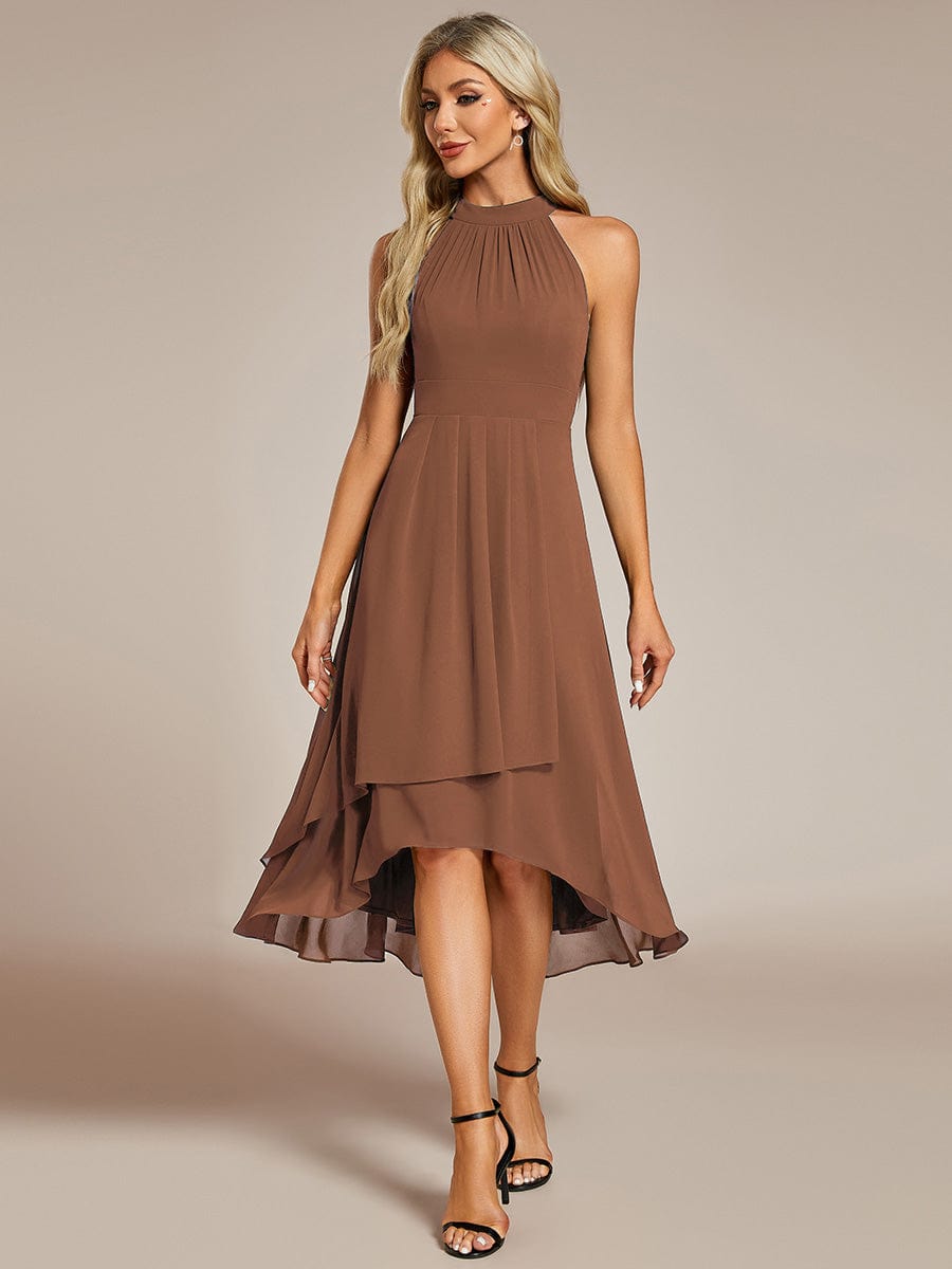 Custom Size Midi Halter Neck Chiffon Wedding Guest Dress with Sleeveless and A-Line #color_Brown