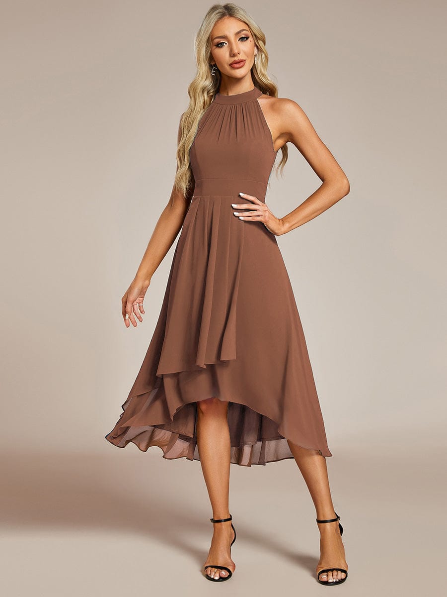 Custom Size Midi Halter Neck Chiffon Wedding Guest Dress with Sleeveless and A-Line #color_Brown