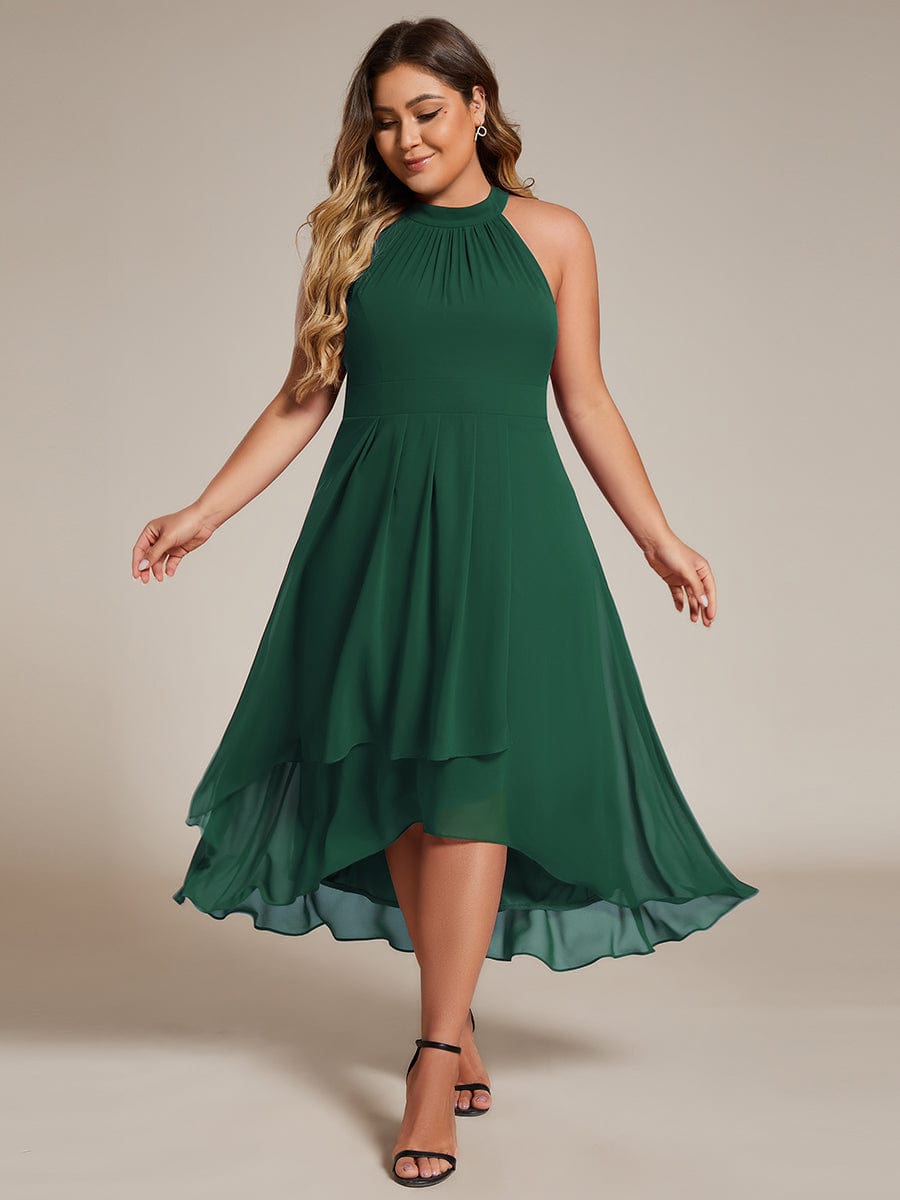 Midi Halter Neck Chiffon Wedding Guest Dress with Sleeveless and A-Line #color_Dark Green