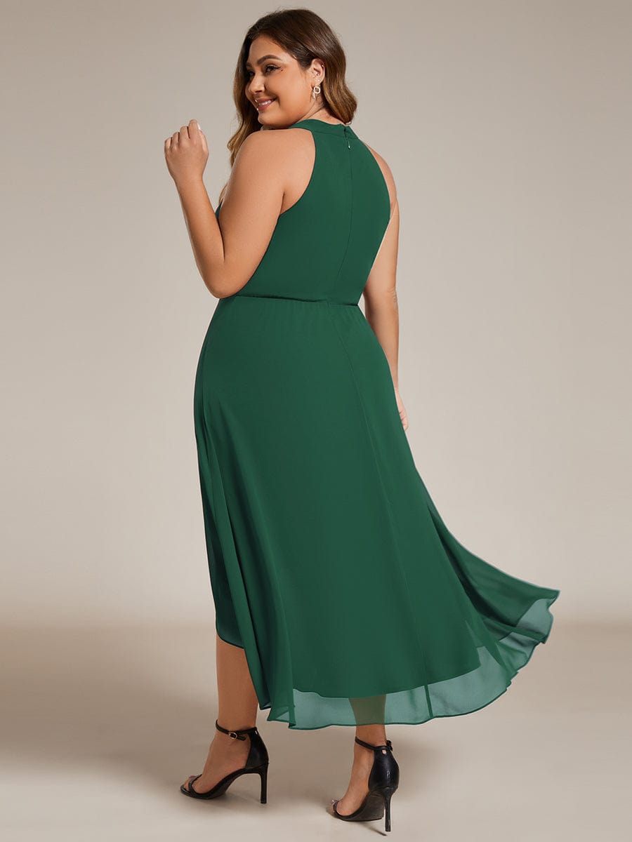 Midi Halter Neck Chiffon Wedding Guest Dress with Sleeveless and A-Line #color_Dark Green