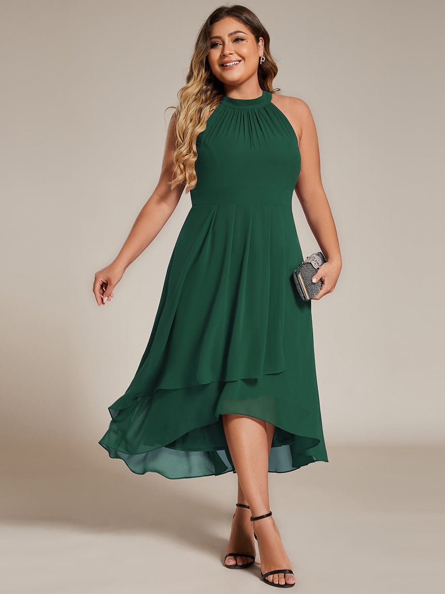 Flowy Plus Size Halter Neck Chiffon Midi Wedding Guest Dress #color_Dark Green