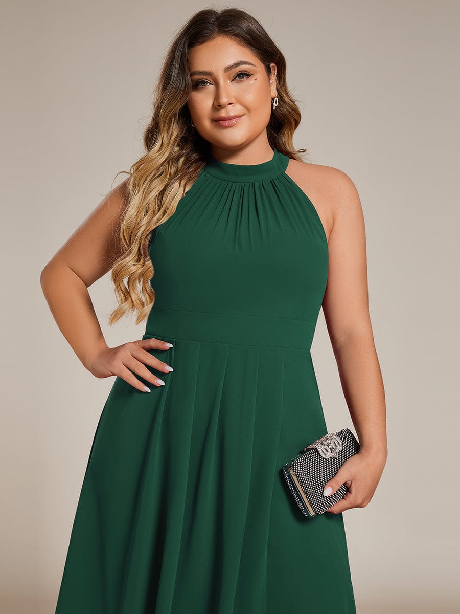 Midi Halter Neck Chiffon Wedding Guest Dress with Sleeveless and A-Line #color_Dark Green