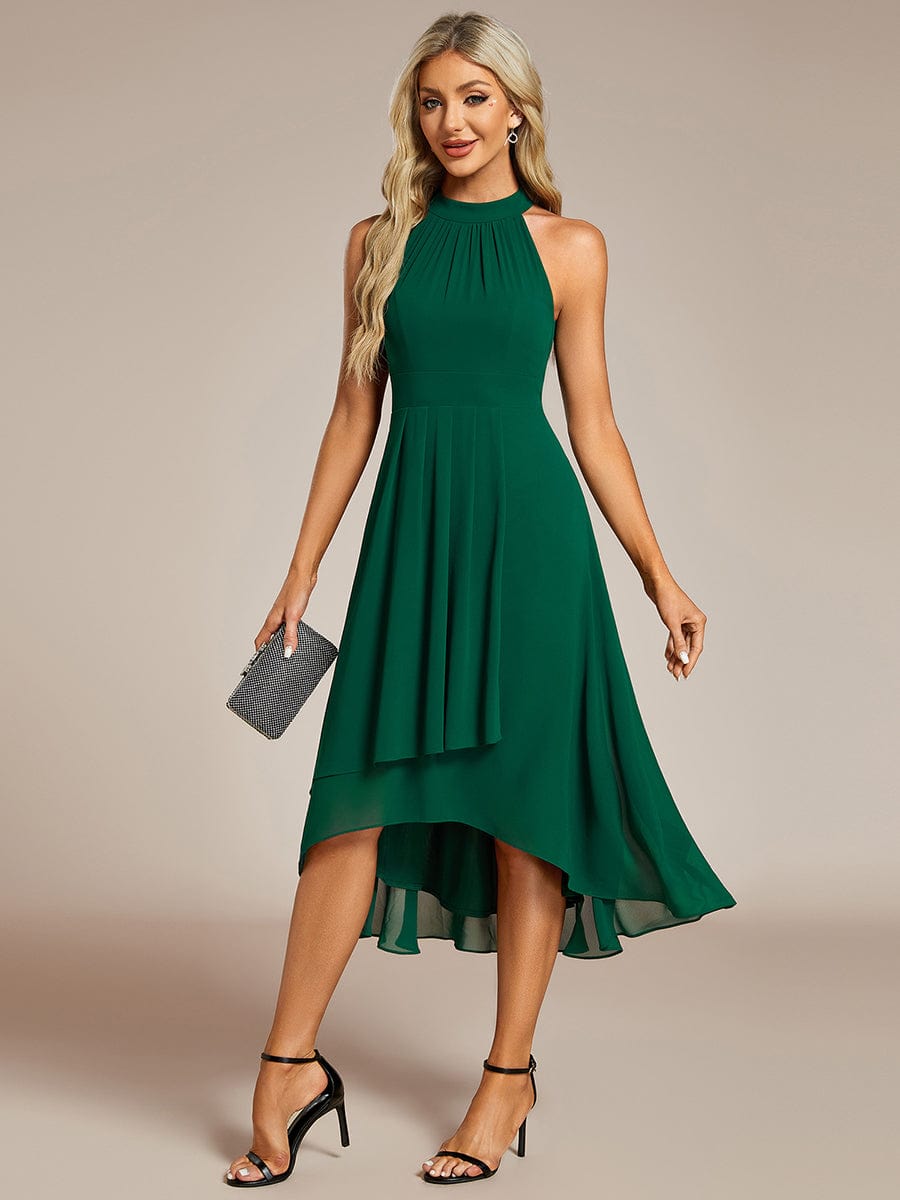 Midi Halter Neck Chiffon Wedding Guest Dress with Sleeveless and A-Line #color_Dark Green