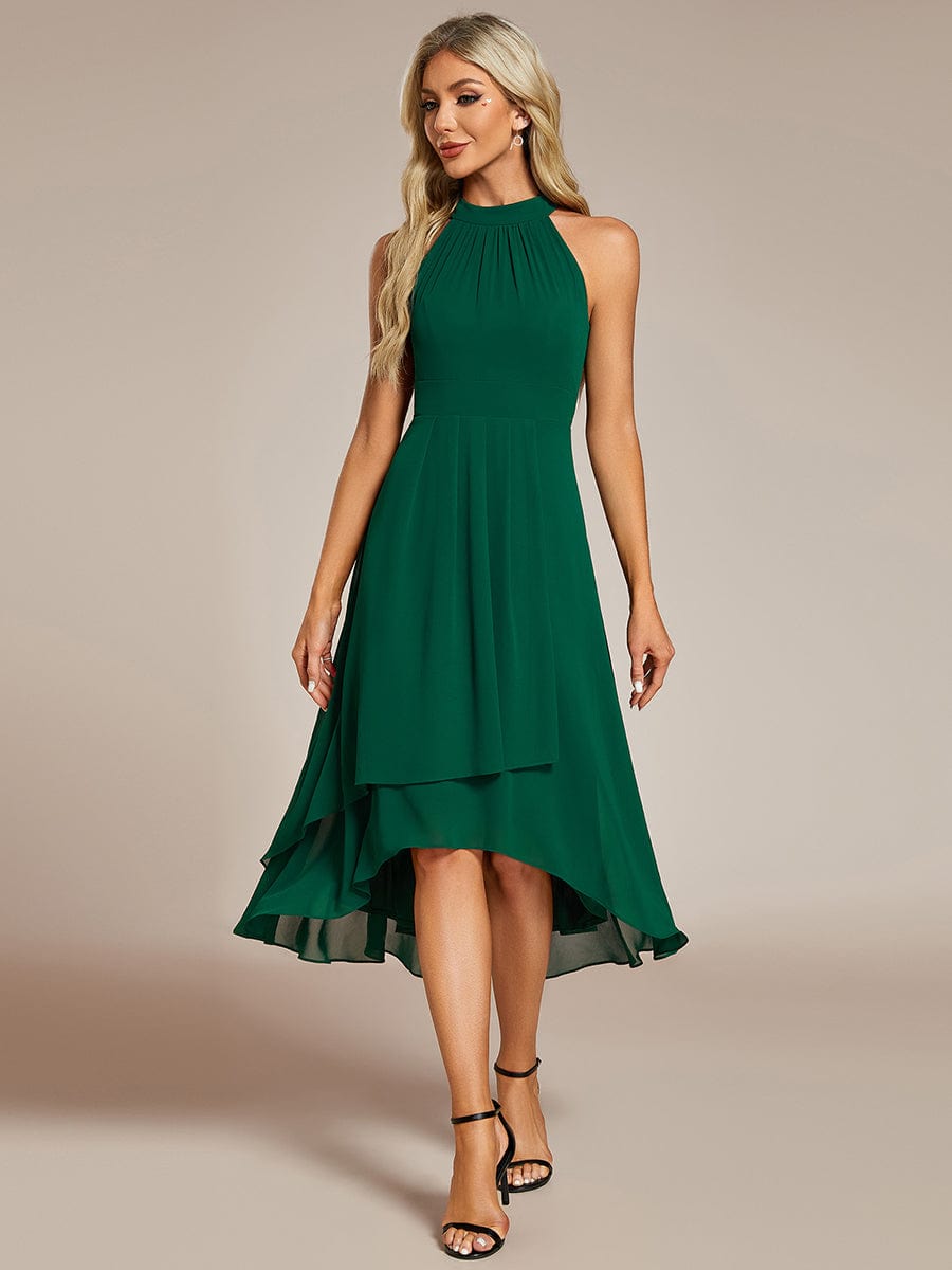 Midi Halter Neck Chiffon Wedding Guest Dress with Sleeveless and A-Line #color_Dark Green