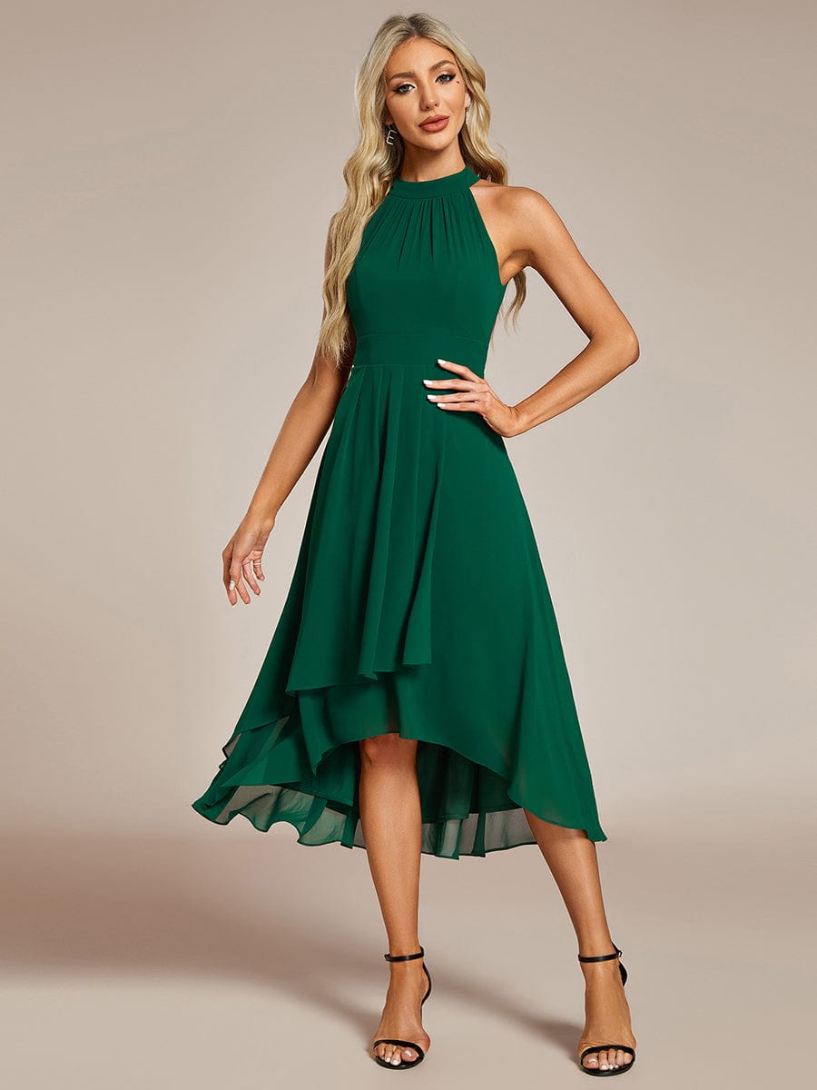 Midi Halter Neck Chiffon Wedding Guest Dress with Sleeveless and A-Line #color_Dark Green