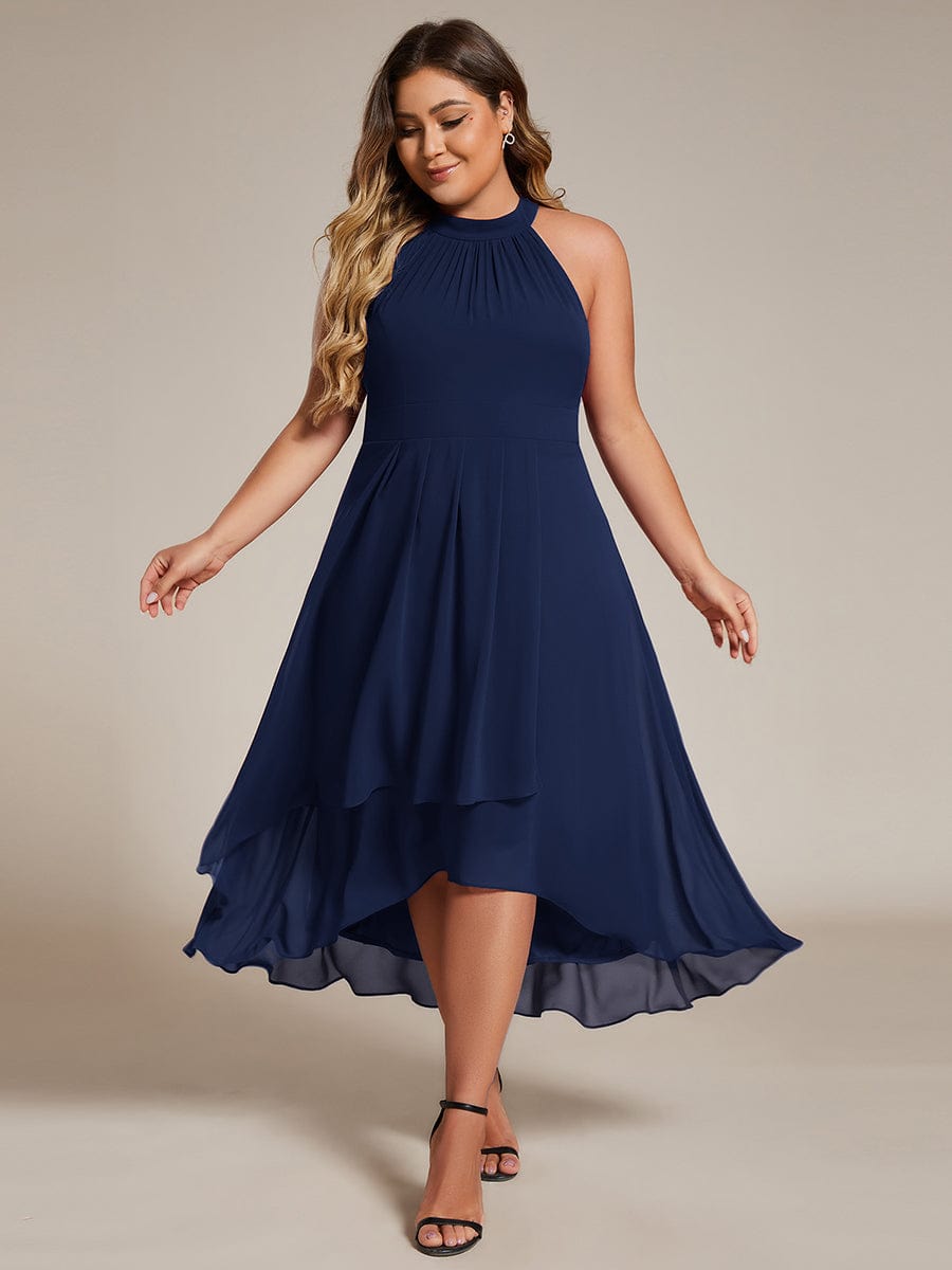 Midi Halter Neck Chiffon Wedding Guest Dress with Sleeveless and A-Line #color_Navy Blue