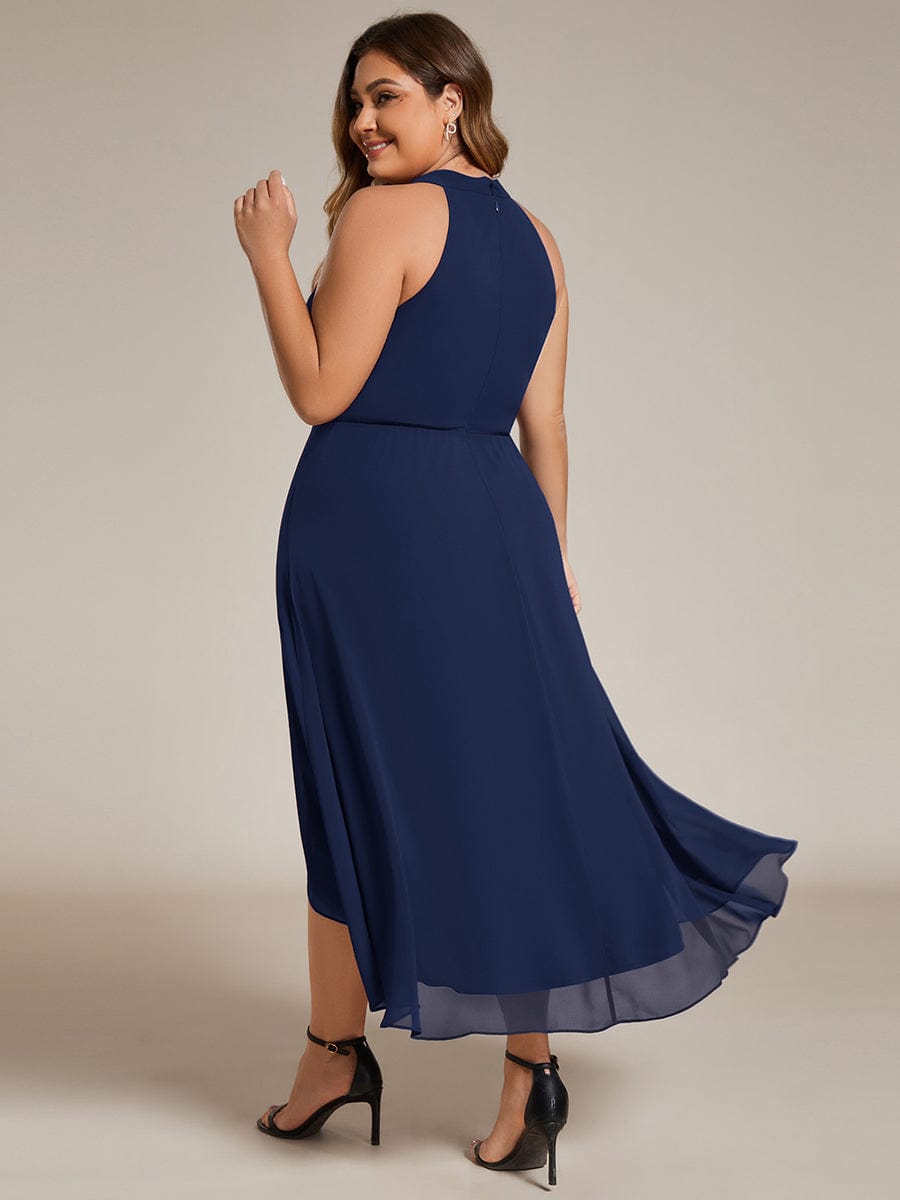 Midi Halter Neck Chiffon Wedding Guest Dress with Sleeveless and A-Line #color_Navy Blue