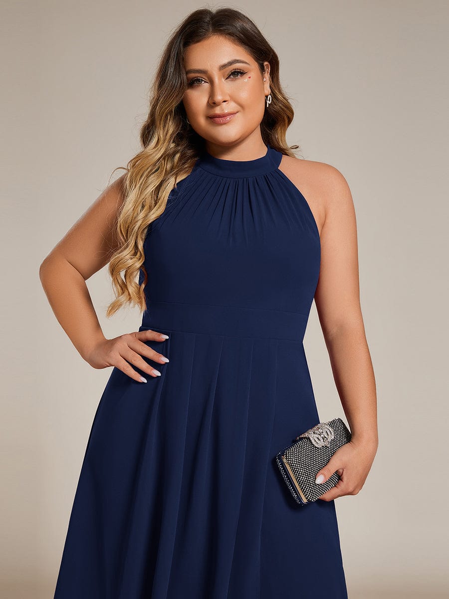 Midi Halter Neck Chiffon Wedding Guest Dress with Sleeveless and A-Line #color_Navy Blue