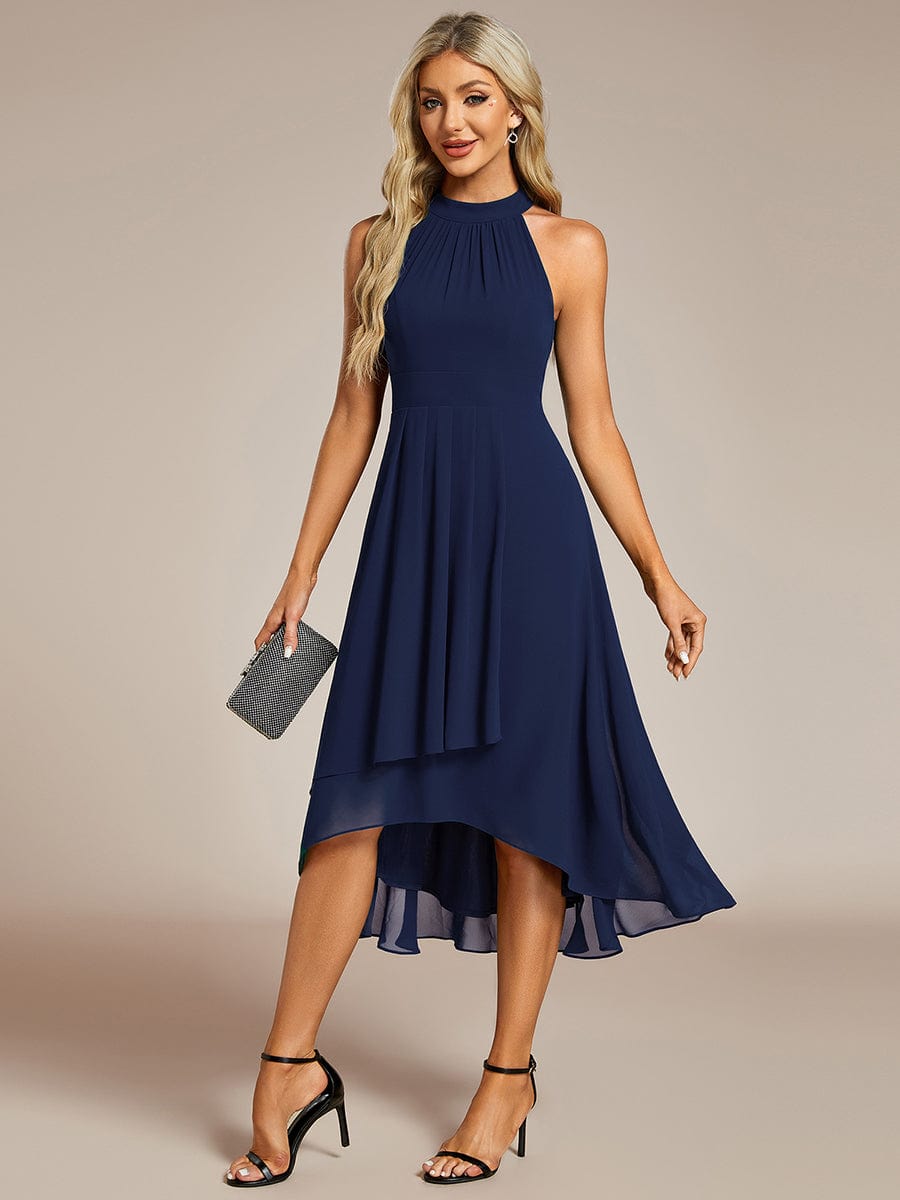 Midi Halter Neck Chiffon Wedding Guest Dress with Sleeveless and A-Line #color_Navy Blue