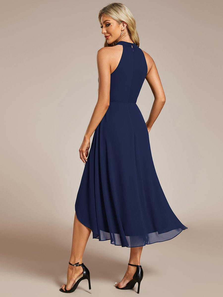 Midi Halter Neck Chiffon Wedding Guest Dress with Sleeveless and A-Line #color_Navy Blue