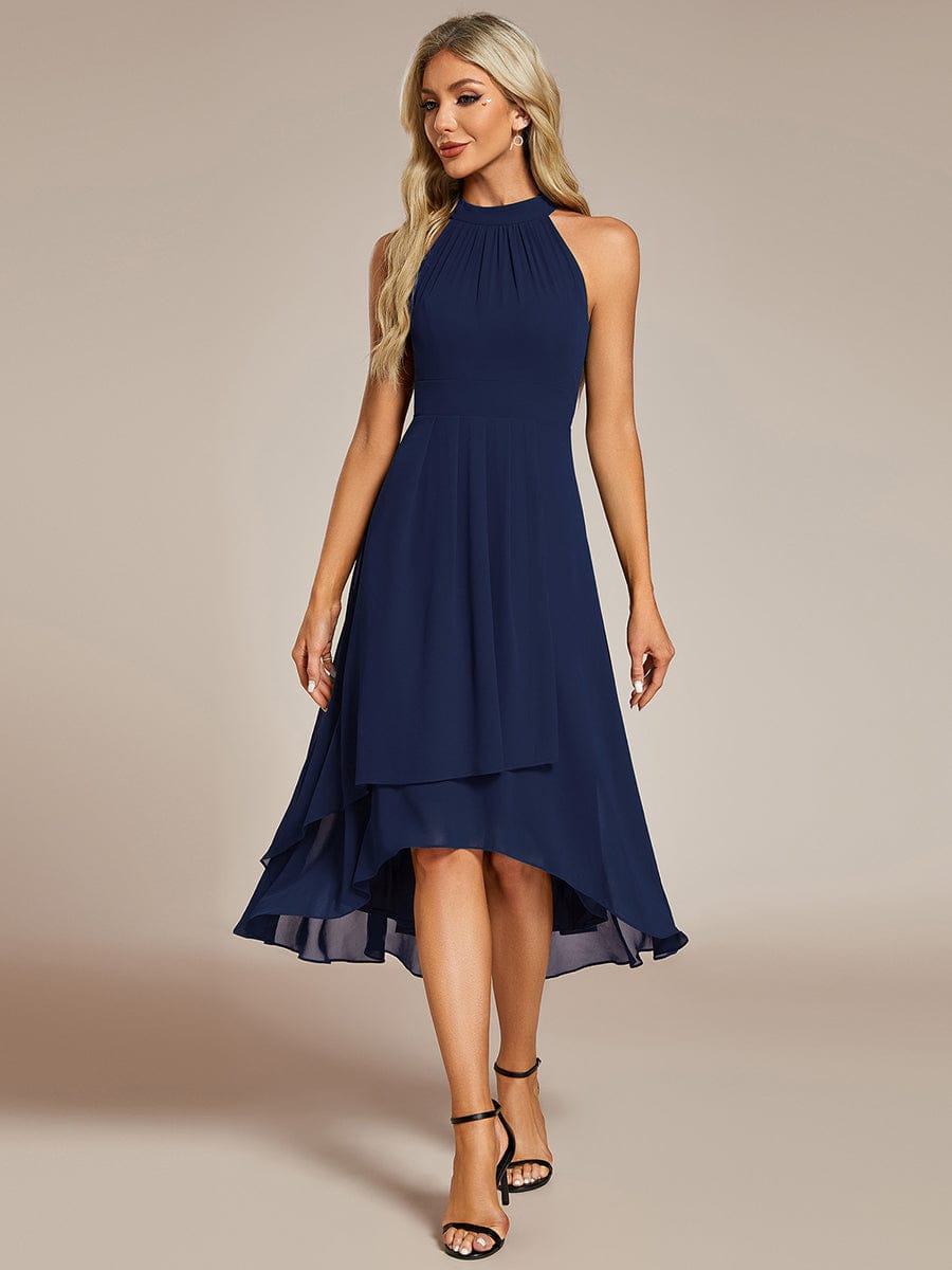 Midi Halter Neck Chiffon Wedding Guest Dress with Sleeveless and A-Line #color_Navy Blue