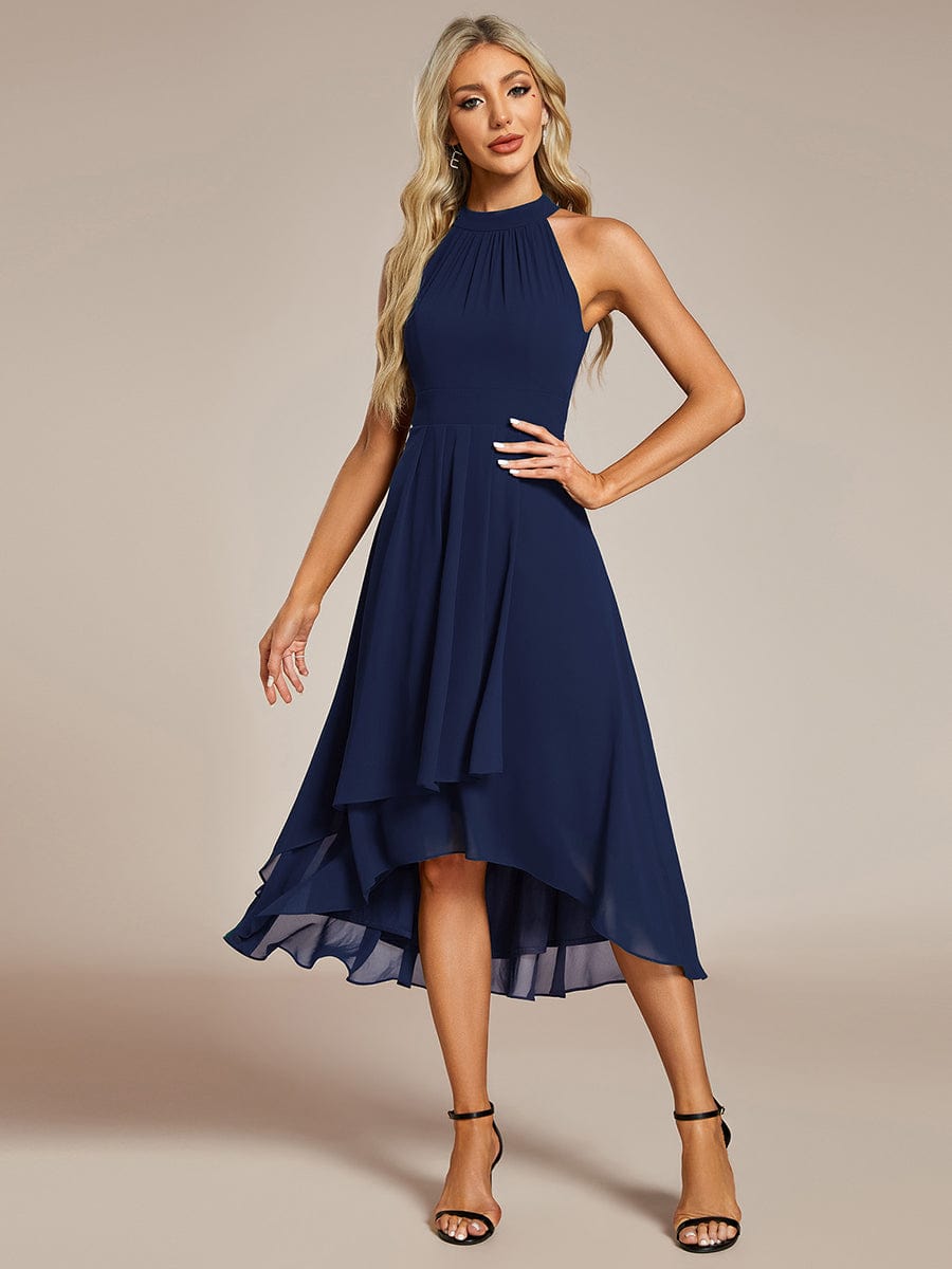 Midi Halter Neck Chiffon Wedding Guest Dress with Sleeveless and A-Line #color_Navy Blue