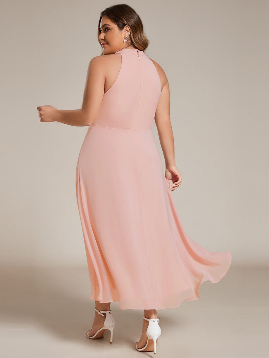 Midi Halter Neck Chiffon Wedding Guest Dress with Sleeveless and A-Line #color_Pink