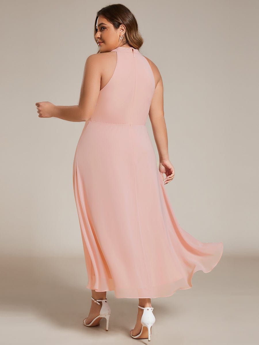 Flowy Plus Size Halter Neck Chiffon Midi Wedding Guest Dress #color_Pink