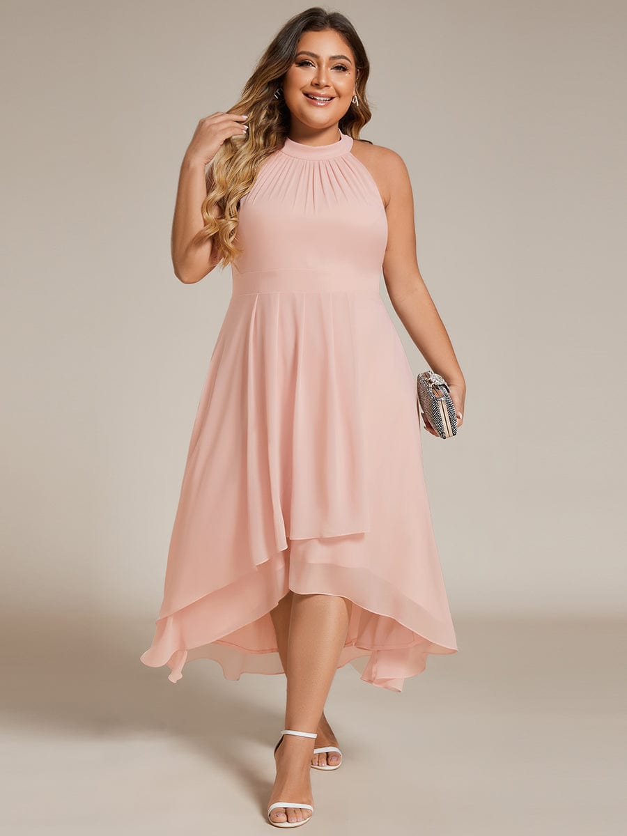 Midi Halter Neck Chiffon Wedding Guest Dress with Sleeveless and A-Line #color_Pink