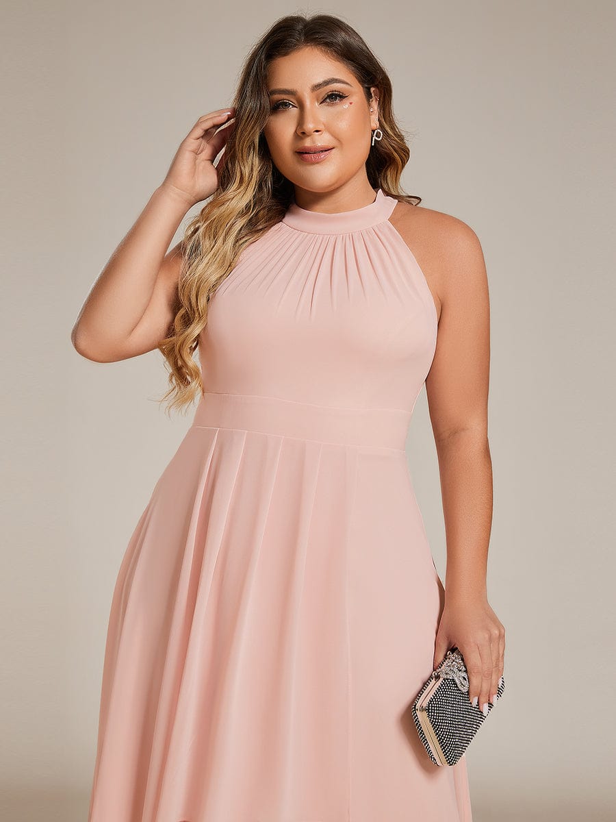 Midi Halter Neck Chiffon Wedding Guest Dress with Sleeveless and A-Line #color_Pink