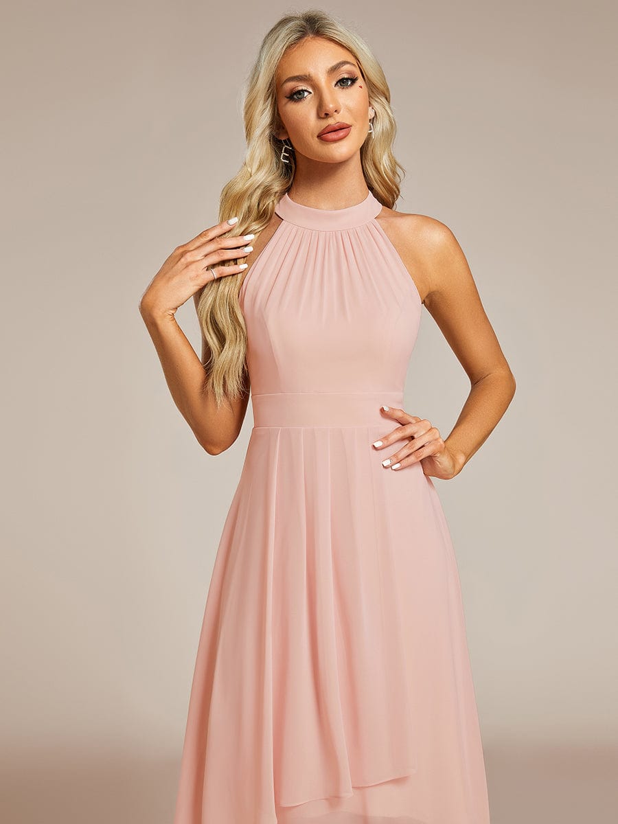 Midi Halter Neck Chiffon Wedding Guest Dress with Sleeveless and A-Line #color_Pink