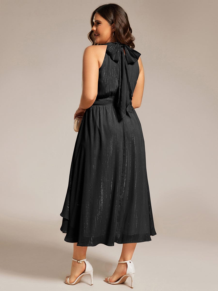 Sparkly High-Low Ruffle Halter Neck Wedding Guest Dress with Pleating #color_Black
